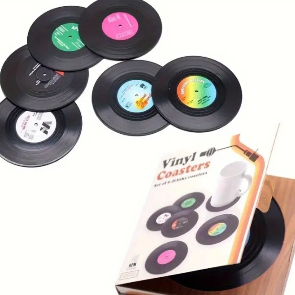 Vinyl Record Drink Coasters Set of 6 Retro 45 RPM Look - Picture 2 of 4